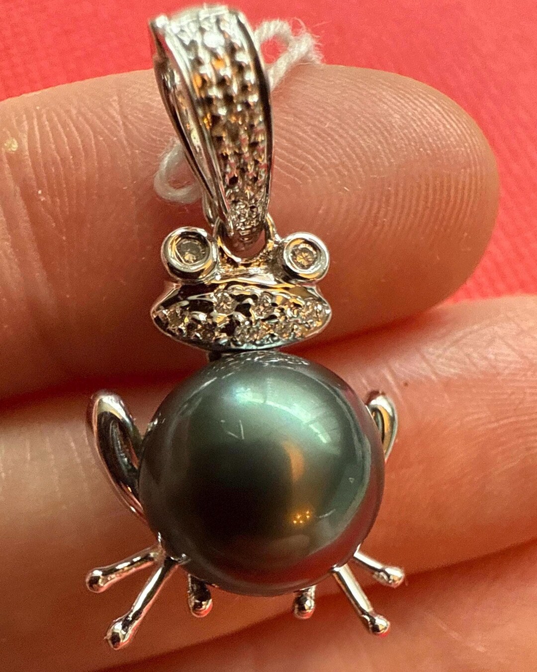 Vintage 11.5mm Tahitian Pearl & Diamond Frog Enhancer - 14K White