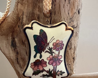 Vintage Cloisonné Double-Sided Pendant Necklace, Butterfly and Flowers on White, New Old Stock 1970