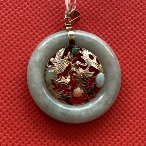 Vintage 14k Gold Dragon and Phoenix Mutton Fat Jadeite Pendant