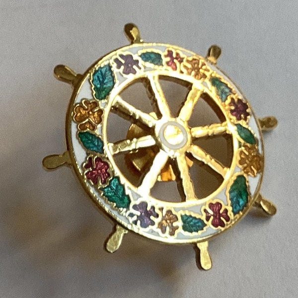 Cloisonné Pin, Ship’s Wheel Helm With Floral Pattern, Nautical, Collectible, Vintage New Old Stock