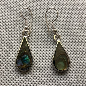 Vintage jaren 1970 Mexicaanse abalone en alpaca oorbellen met zilveren inleg teardrop