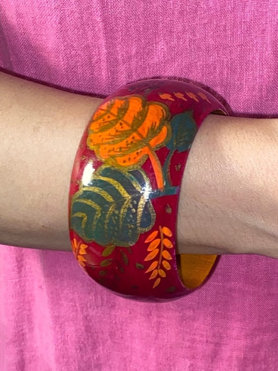 Hand-Painted Bangle, Wood and Lacquer, Leaves on R