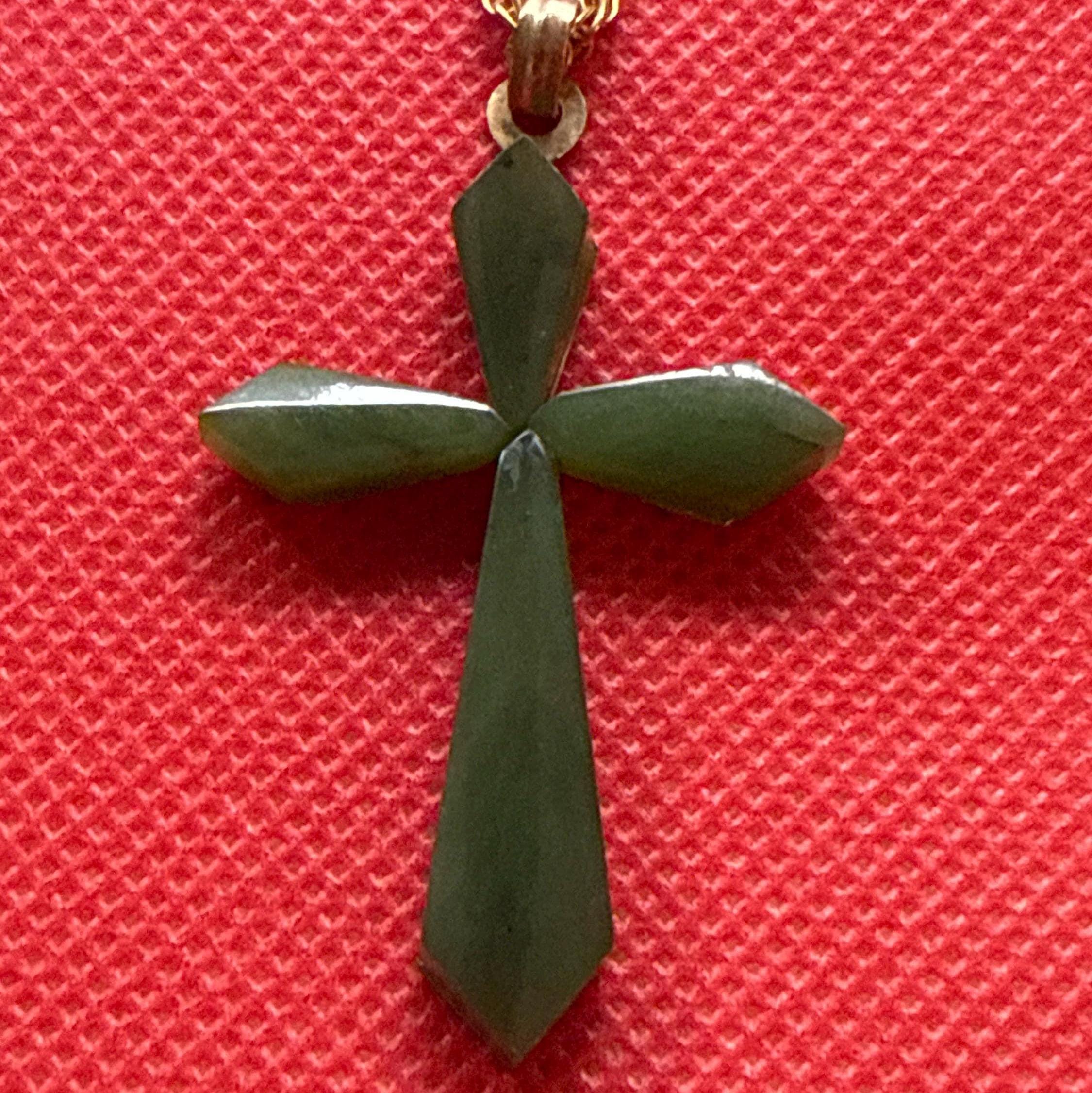 Vintage Taiwanese Spinach Nephrite Jade Cross Necklace 1960s NOS