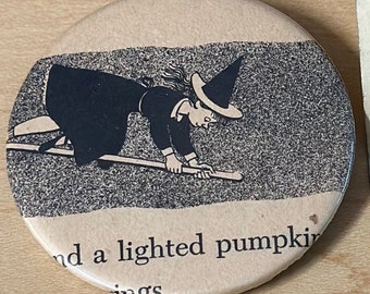 Retro 70s flying cute witch pinback button