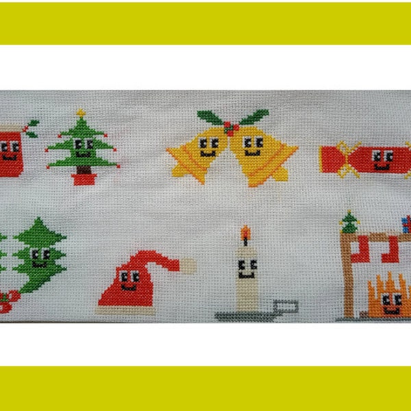 8 Fun Cross Stitch pdf patterns- Festive Christmas with smiley faces- Christmas Stocking, Tree, Holly, Santa Hat, Candle, bells and 2 more