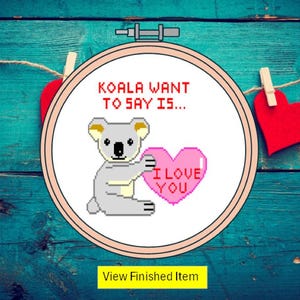 Ein niedliches Koalabär Kreuzstichmuster. Liebe/Romanze kuscheln Herz Sofort-Download-Karte. Wortspiel Geburtstagsgeschenk, gerahmt oder Karte-digital pdf