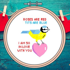 Um padrão de ponto cruz bem-humorado, amoroso/romântico. Coração de chapim-azul de São Valentim para download instantâneo. Presente de aniversário divertido, emoldurado ou cartão-pdf digital