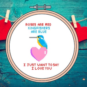 Kruissteekpatroon ijsvogel en roze hart. Humoristische romantische instant downloadgrafiek. Leuk jubileumcadeau, ingelijste of digitale pdf