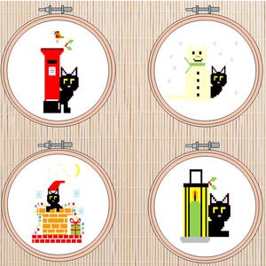 May include: Four embroidery hoop designs featuring a black cat with different Christmas themes. The first design shows a black cat standing next to a red mailbox with a robin perched on top. The second design shows a black cat standing next to a snowman. The third design shows a black cat wearing a Santa hat sitting on a brick chimney. The fourth design shows a black cat standing next to a green lantern with holly.