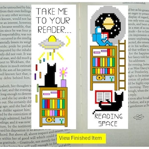 May include: Pixelated bookmarks with reading-themed designs. One features a cat, bookshelf, and the text "TAKE ME TO YOUR READER..." with a UFO. The other shows a cat, bookshelf, and the text "READING SPACE."