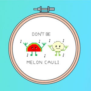 Leuke borduurpatroon met smiley meloen en bloemkool. Leuke woordspeling 'Don't be Melon Cauli'. Directe digitale download.