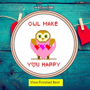 Leuke kruissteekpatroonkaart met uil en hart. Woordspeling Valentine/romantiek/liefde instant download. Leuk jubileumcadeau, ingelijste of digitale pdf