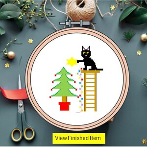 Christmas Cat Cross Stitch Pattern: Kitten Decorating Tree (Digital PDF)