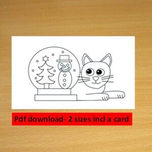 Coloring pages Christmas Cat & Snow Globe - Printable PDF download (A4/A5 card Downloadable Design)