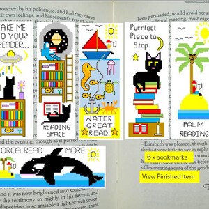 May include: A collection of six pixel art bookmarks with various designs. One features a black cat on books, another a spaceship, and others depict a sailboat, seahorse, and orca. Text includes "Take Me to Your Reader" and "Water Great Read."