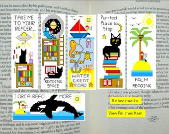 6 bundle cross stitch bookmarks- funny Cats, Spaceman, sea, (Digital PDF Download)