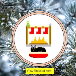 Weihnachts Katze Kreuzstich Stickmuster. Kätzchen am Kamin mit Strumpf download. Spaß als Geschenk, Karte, gerahmt oder Dekoration - digitales pdf