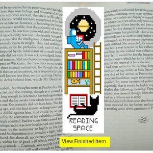 May include: A pixel art illustration with a reading theme. It shows a person reading, a bookshelf, a ladder, a cat, and the words "READING SPACE". The background is a book page.