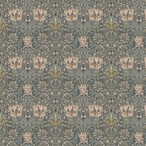 May include: A detailed pattern featuring floral and foliage motifs in a palette of blue, green, and beige. The design is symmetrical, with stylized flowers and leaves arranged in a repeating format. The style evokes a sense of classic, decorative wallpaper or textile.