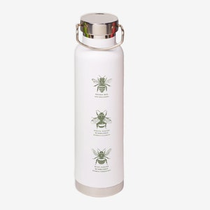 May include: White stainless steel water bottle with a silver lid and a carrying handle. The bottle has three green bee illustrations with the names "Honey Bee", "White-Tailed Bumblebee", and "Red-Tailed Bumblebee" printed below each bee.