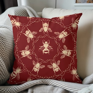 Bees and Stitch Thread Red Cushion. Gold Bees Repeating Pattern Pillow, Decorative Bee Scatter Cushion & Insert for Bee Lovers
