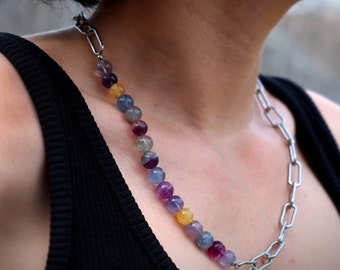 Fluorite necklace, fluorite necklace, natural pearl and stainless steel necklace