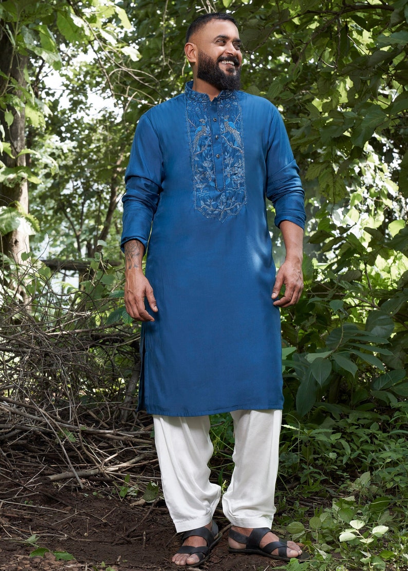 Sea Blue Handwork Kurta With Cream Color Cowl Pants /indian Kurta/ Haldi/ Mehendi/ Festival
