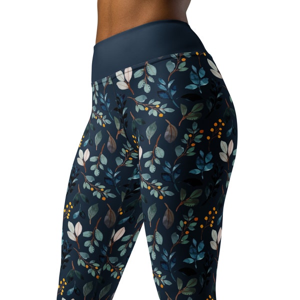 Leggings botaniques vintage bleus Pantalons de yoga imprimés de fleurs Idée cadeau Vêtements cottage-core Idée cadeau rétro Maman petite amie amoureuse de la nature