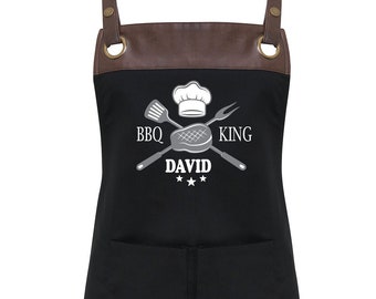 BBQ King Personalised Faux Leather Trim Apron with Pockets, Customized BBQ Apron for Men, Grill Apron, Name Apron, Gift For Him