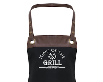 King of The Grill Personalised Faux Leather Trim Apron with Pockets, Customised BBQ Apron for Men, Kitchen Apron, Name Apron, Gift For Him