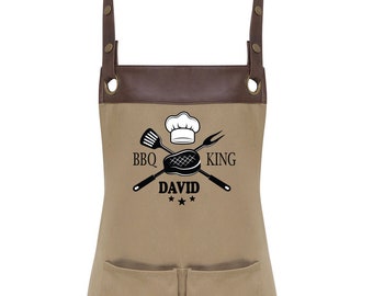 BBQ King Personalised Faux Leather Trim Apron with Pockets, Customized BBQ Apron for Men, Grill Apron, Name Apron, Gift For Him