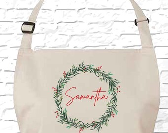 Delantal con nombre personalizado para mujer, delantal de chef navideño personalizado, delantal de cocina personalizado, delantal de repostería con corona de muérdago, regalo para mamá 40