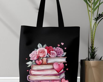 Books and Roses Tote Bag, Flower and Books Bag, Retro Flower Tote Bag, Canvas Tote Bag, Pink Hearts Tote , Bridal Gift, Valentines Day Gift