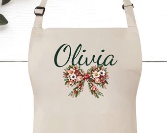 Personalised Floral Apron with Name, Floral Bow Baking Apron, Custom Name Chef Apron, Kitchen Gift for Her, Birthday or Mothers Day Gift 63
