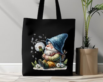 Gnome Tote Bag, Gnome Blowing Dandelion, Whispering Wishes in the Wind, Black Tote Bag, Gift For Women Totes, Birthday Gift Bag