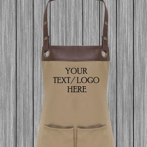 Personalised Faux Leather Trim Apron with Pockets, Custom Printed Apron for Women & Men, Work Wear, Fathers Day Gift, Mothers Day Gift