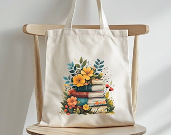 Blumen und Bücher Tragetasche, Floral Baumwolle Tragetasche, Bücherwurm Tragetasche, Bücher Stapel Tragetasche, Geschenk für Frauen Tote, Geburtstagsgeschenk Tasche, Tasche fürs Leben