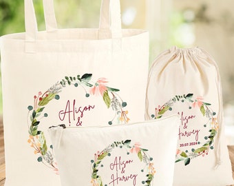 Sac cabas de mariage personnalisé, Trousse cadeau de demoiselle d'honneur personnalisée, Trousse à maquillage, Pochette à accessoires, Trousse à maquillage de demoiselle d'honneur, Cabas de mariage couronne de fleurs