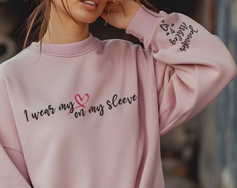 I Wear My Heart On My Sleeve Sweatshirt, Personalized Sweatshirt With Names on Sleeve, Gifts For Couples, Mom, Custom Mama Sweatshirt (72)