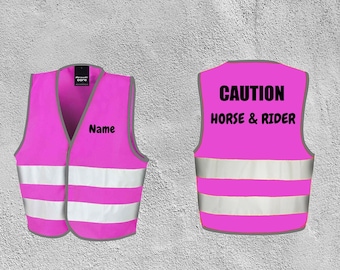 Caution Horse and Rider Children Hi Vis Vest, Kids Personalized Equestrian Hi Vis Vest, Visibility Waistcoat,  Multi Colour Options