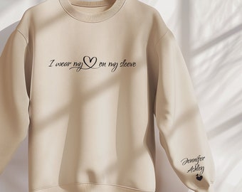 I Wear My Heart On My Sleeve Sweatshirt, Personalized Sweatshirt With Names on Sleeve, Gifts For Couples, Mom, Custom Mama Sweatshirt (73)