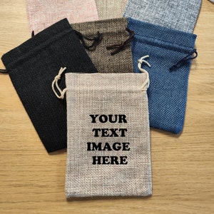 Personalized Burlap Bags, Mini Custom Printed Hessian Drawstring Bags, Favor Bags, Gift Bags, Pouches