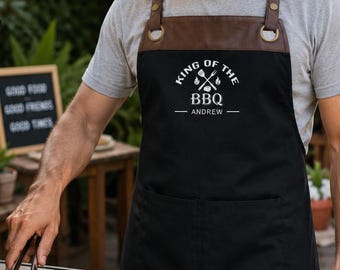 Spersonalizowany fartuch King of The BBQ z imitacji skóry, z kieszeniami, spersonalizowany fartuch do grillowania dla mężczyzn z imieniem, prezent dla niego/taty/męża
