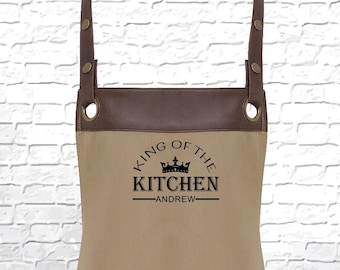 King of The Kitchen Personalizowany fartuch ze sztucznej skóry z kieszeniami, spersonalizowany fartuch szefa kuchni dla mężczyzn, fartuch kuchenny, fartuch z imieniem, prezent dla niego