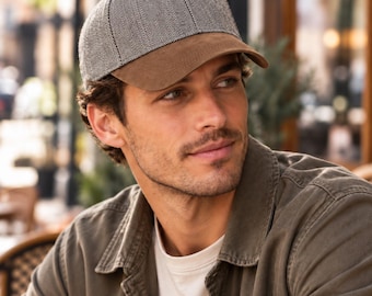 Herringbone Baseball Cap – Wool Blend, Suede Peak, Vintage Style, Unisex Adjustable Hat