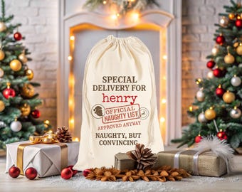 Custom Santa Sack, Naughty But Convincing Gift Bag, Personalised Christmas Gift Sack, Christmas Santa Sack, Name on Santa Bag, Naughty List