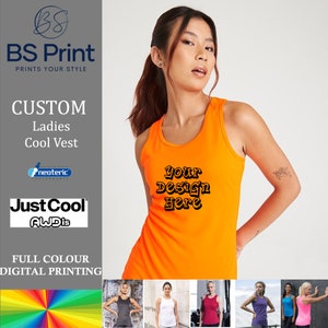 May include: A bright orange sleeveless tank top with the text "Your Design Here" printed on the front. The tank top is made of a moisture-wicking fabric and is perfect for working out or running errands.