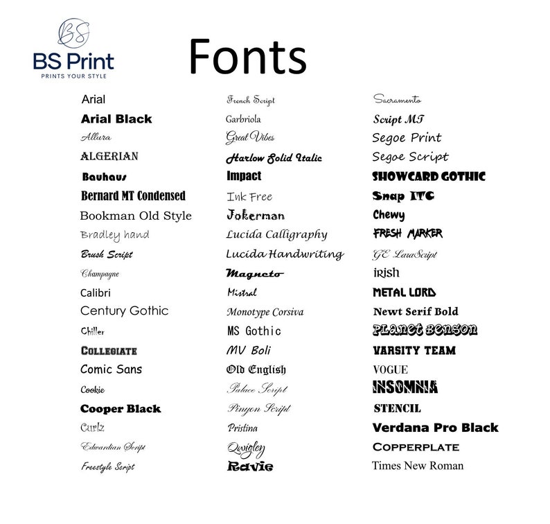 Op de afbeelding: Een lijst met lettertypen in zwarte tekst op een witte achtergrond. De lettertypen zijn gerangschikt in twee kolommen. De titel "Fonts" staat bovenaan de lijst.