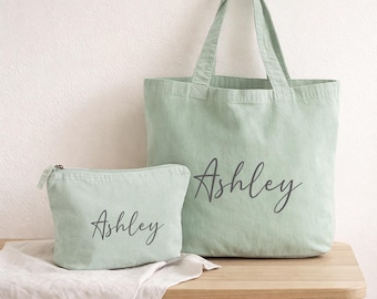Personalized Name Beach Bag, Washed Recycled Cotton Tote Bag, Custom Wash Bag, Makeup Bag, Stuff Bag