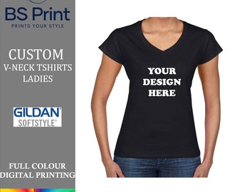Personalized V-Neck Ladies T-Shirt, Custom Printed T-shirts, Photo Print, Your Design on Tee, Logo Workwear, DTF Printed Full Color T-Shirt